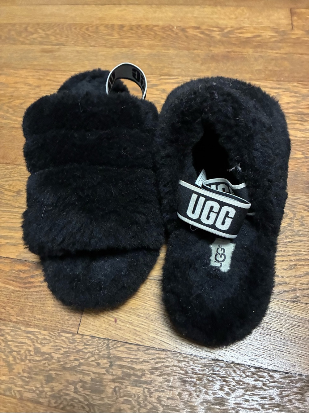 UGG Black Fluff Band Slide Slippers with Logo Heel Strap